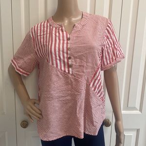 LoveU.Dear Womens L Fun Striped Linen Blouse. Faux Buttons. Cute Design.